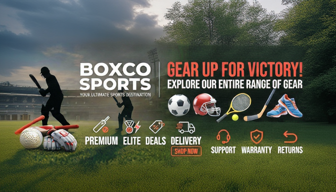 Boxco Sports advertisement banner with sports equipment and promotional text on a transparent background